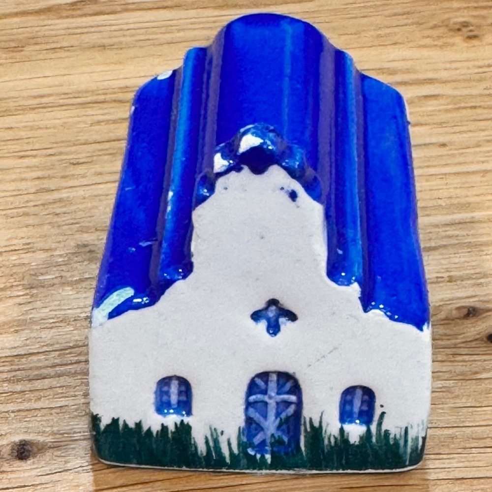 Miniature Greek Church Ceramic Figurineโ Blue White Santorini Souvenir Folk Art